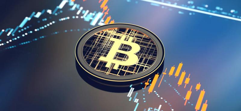 Bitcoin cryptocurrency symbol displayed on a digital coin positioned over a financial trading chart with candlestick patterns and market data, representing cryptocurrency trading, blockchain technology, and digital asset market analysis.