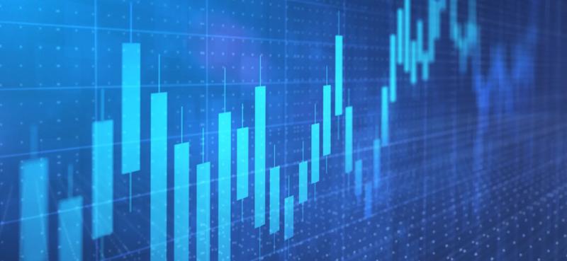 Blue digital financial chart displaying candlestick bars and price movement patterns on a grid background, representing market analysis, trading activity, investment trends, and financial performance.