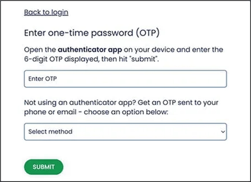 OTP login screen with authenticator app guidance and submit option for account access. Web page showing OTP entry field and authenticator app instructions for secure login verification.