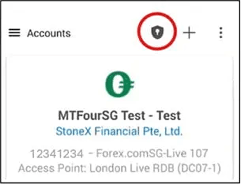 Security icon displayed on trading account page for activating two factor authentication protection. Trading account screen showing security shield icon for enabling two factor authentication feature.