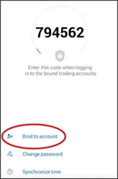 OTP code shown for account binding and two factor authentication setup on trading platform. Screen displaying one time password code with option to bind to trading account for secure login.
