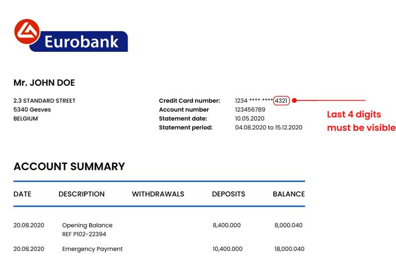 Eurobank account statement document for verification purposes. Eurobank account statement sample used for card verification.