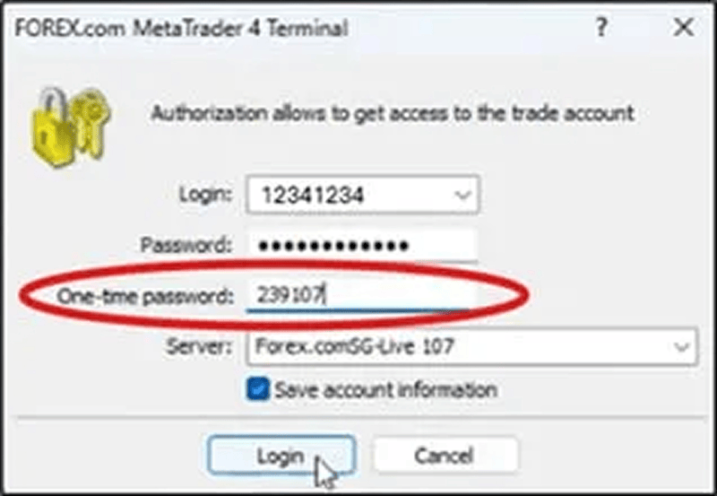 MetaTrader login screen requiring one time password for secure two factor authentication access. MetaTrader terminal login window showing fields for username password and one time password entry.