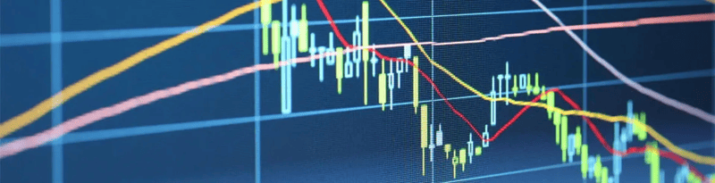 Digital candlestick chart with multiple overlaid trend and indicator lines, showing changes in price movement over time