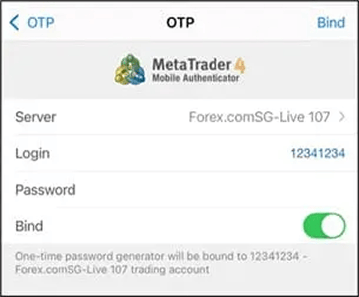 MetaTrader OTP binding confirmation screen for secure two factor authentication setup. MetaTrader mobile authenticator screen showing server login and bind option enabled for account linking.