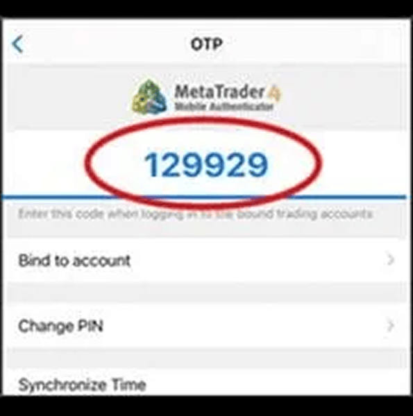 MetaTrader OTP screen displaying authentication code for two factor login verification. MetaTrader mobile authenticator screen showing six digit one time password code for secure account login.