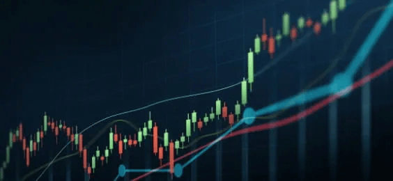 A financial candlestick chart showing upward trends with colorful lines and indicators on a dark background. The graph represents stock market growth and technical analysis.