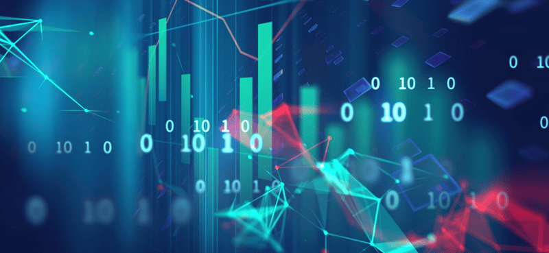 Abstract financial background featuring green bar charts, binary code digits, and polygonal network shapes on a blue gradient backdrop. The design represents digital trading, analytics, and data visualization.