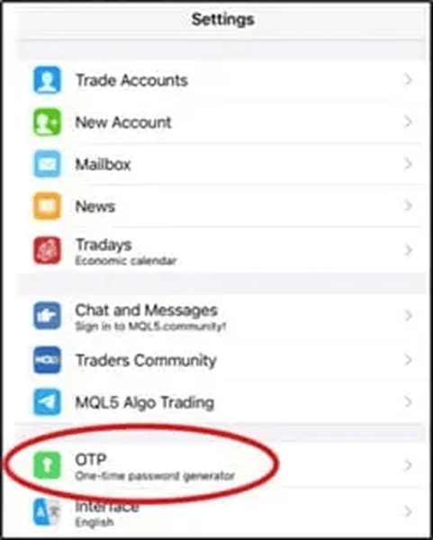 OTP settings screen displayed for activating one time password generator for secure account login. Settings menu on trading app showing OTP option for enabling one time password generator.