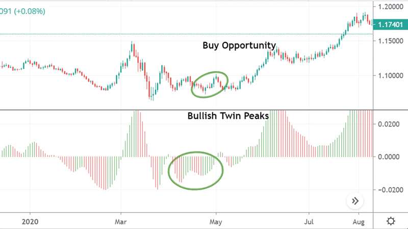 Candlestick price chart with a momentum histogram highlighting a twin-peak pattern and a subsequent upward price movement