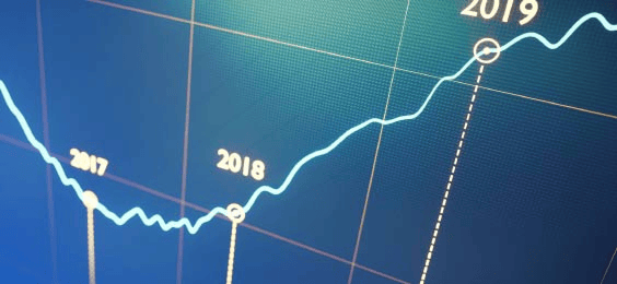 A financial line graph showing upward and downward trends from 2017 to 2019 on a blue background. The chart represents economic growth, market performance, and historical data analysis.