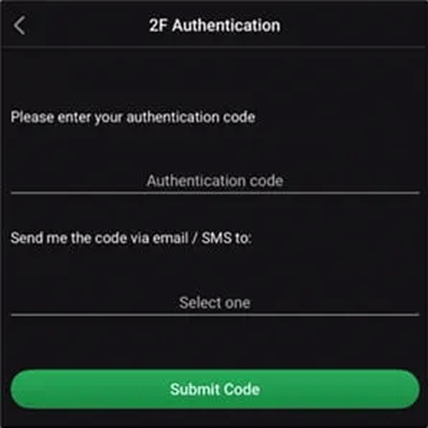 Two factor authentication screen for entering security code and selecting delivery method for login. Mobile screen showing two factor authentication form with fields for code entry and email or SMS option.