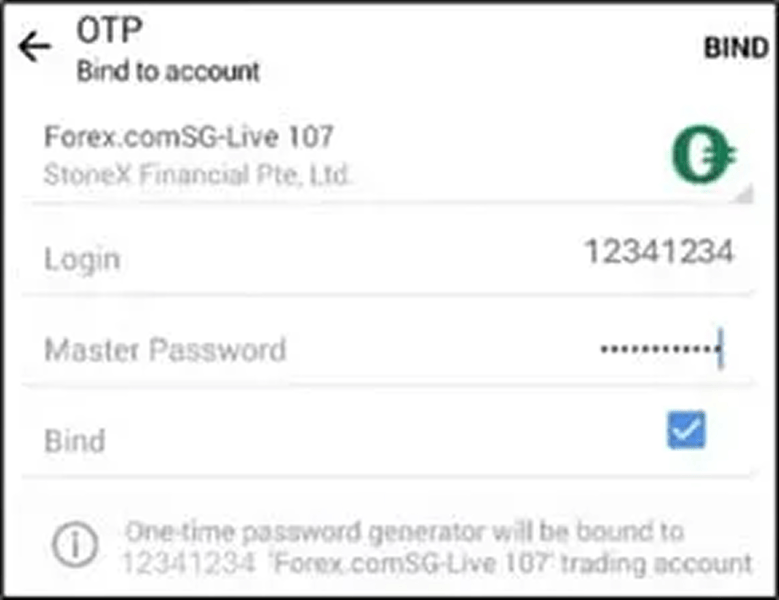 OTP account binding process with login credentials and password for two factor authentication Screen showing OTP account binding form with login and master password fields for secure authentication.