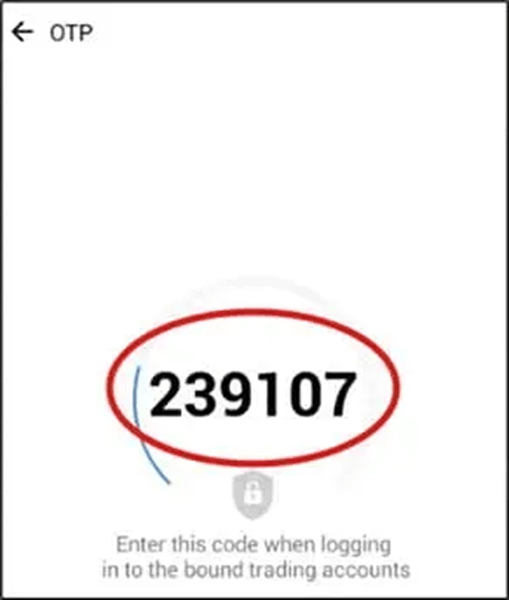MetaTrader OTP screen displaying authentication code for two factor account access. MetaTrader mobile authenticator screen showing six digit one time password code for secure login.