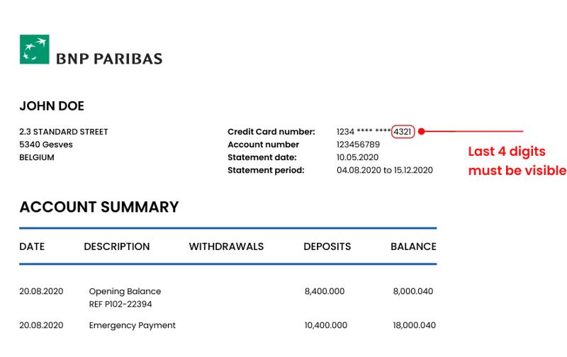 BNP Paribas account statement document for verification purposes. BNP Paribas account statement sample used for card verification.