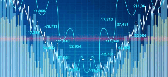 A digital financial chart with candlestick patterns, bar graphs, and curved trend lines on a blue background. The chart displays volatility indicators and numerical values for technical analysis.