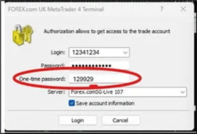MetaTrader login screen requiring one time password for secure two factor authentication access. MetaTrader terminal login window showing fields for username password and one time password entry.