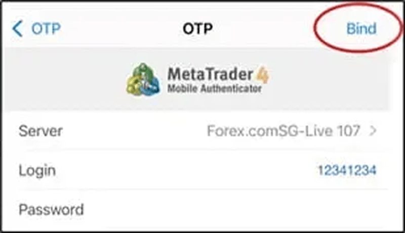 MetaTrader OTP bind screen for linking trading account with one time password generator. MetaTrader mobile authenticator screen showing server login and password fields with bind option
