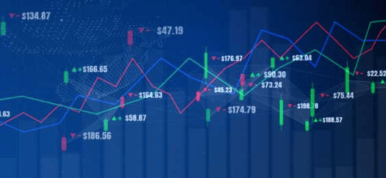 Financial chart with multicolored trend lines and candlestick patterns on a blue background. Displays price levels and numeric values representing technical analysis of ABCD trading pattern.
