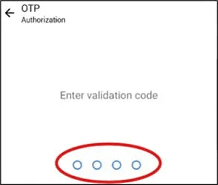 OTP authorization screen for entering validation code to complete two factor authentication. One time password authorization screen prompting user to enter validation code for secure login.