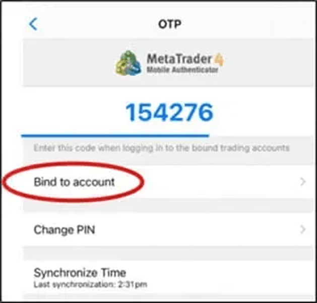 MetaTrader OTP screen displaying code and account binding feature for secure login setup. MetaTrader mobile authenticator screen showing one time password code and bind to account option.