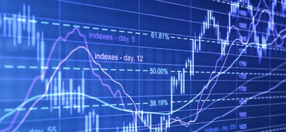 A digital candlestick chart with multiple trend lines, Fibonacci retracement levels, and percentage markers on a blue background. The chart illustrates technical analysis and price movement patterns.