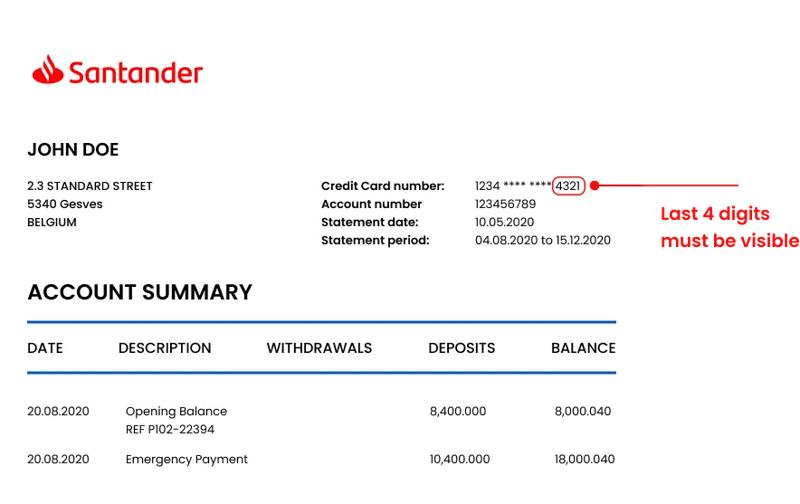 Santander account statement document for verification purposes. Santander account statement sample used for card verification.
