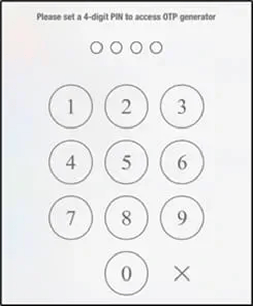 OTP generator PIN setup screen for secure access to two factor authentication codes. Screen displaying numeric keypad for setting four digit PIN to access one time password generator.