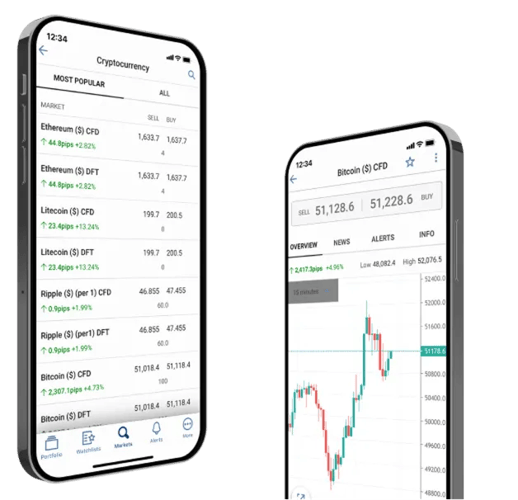FOREX.com mobile trading app showing cryptocurrency prices and live Bitcoin chart for real-time crypto trading on smartphones