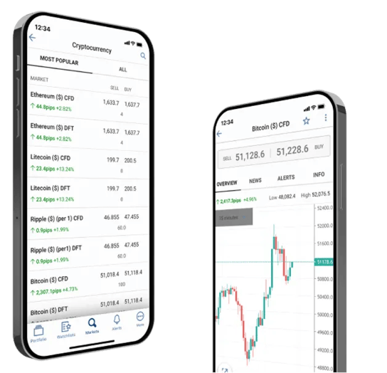 FOREX.com mobile trading app showing cryptocurrency prices and live Bitcoin chart for real-time crypto trading on smartphones