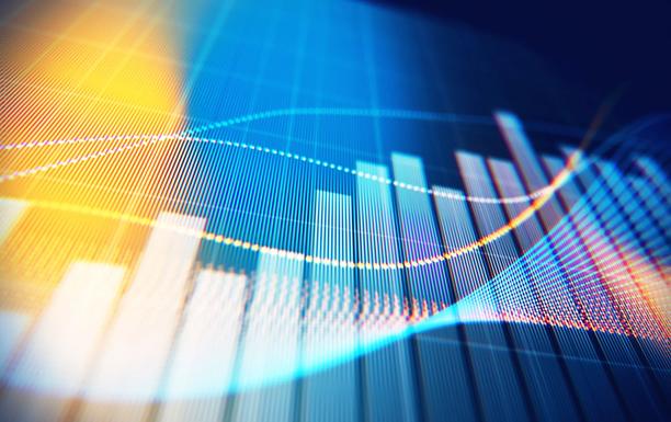 Abstract financial chart with colorful bars and dynamic lines representing market trends.