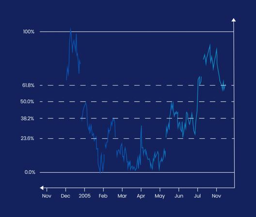 Financial chart displaying price movements with Fibonacci retracement levels marked at 0.0%, 23.6%, 38.2%, 50.0%, 61.8%, and 100%, along with a timeline from November to November across the year 2005.