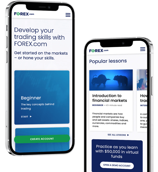 Two smartphones displaying Forex.com educational content and trading lessons. Screens show beginner trading concepts, introduction to financial markets, and demo account options.