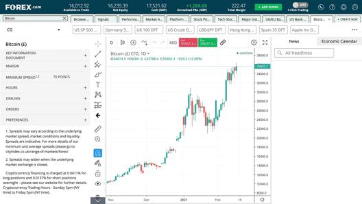 FOREX.com trading platform displaying Bitcoin to GBP live price chart with market overview, analysis tools, and buy/sell options