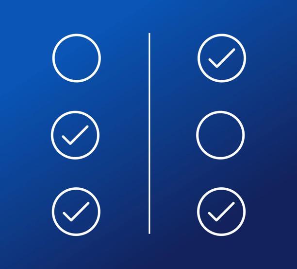 Blue background with two vertical columns of circular icons. Each column contains circles with check marks, representing a comparison or checklist concept.