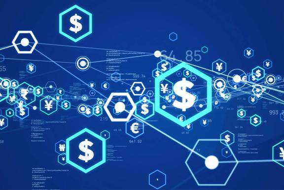 Abstract blue background with interconnected currency symbols including dollar, euro, and yen. The image represents global financial networks and digital transactions.