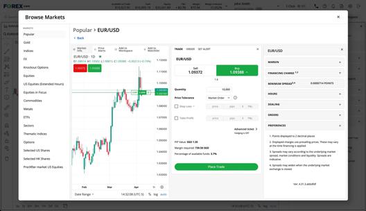 Screenshot of a Forex trading platform showing the EUR/USD candlestick chart alongside trade execution options, including buy and sell prices, quantity input, price tolerance, and advanced settings.