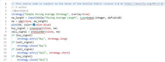 Screenshot of Pine Script v5 source code for a simple moving average trading strategy with buy and sell signals