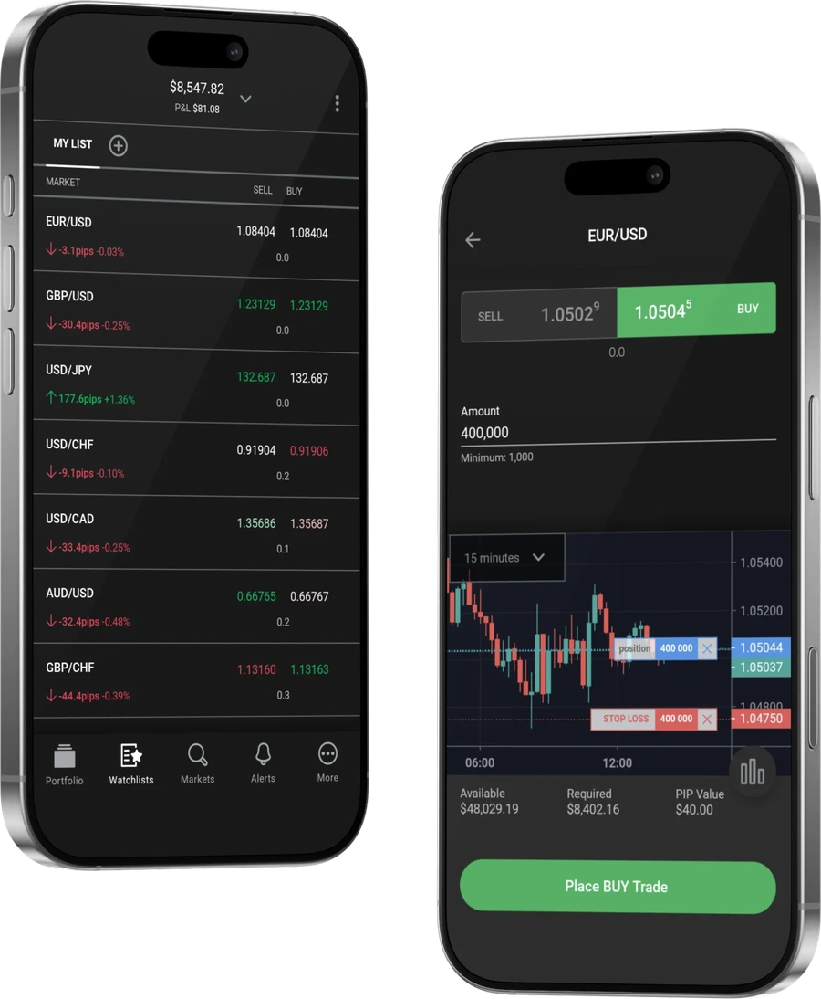 FOREX.com mobile trading app showing live forex market prices and EUR/USD trade execution screen on smartphones