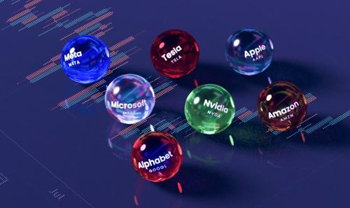 Coloured spheres representing the Magnificent 7 sitting on a financial chart background