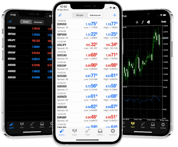 Three screens of MetaTrader mobile app showing FX pairs in light and dark mode and a trading chart
