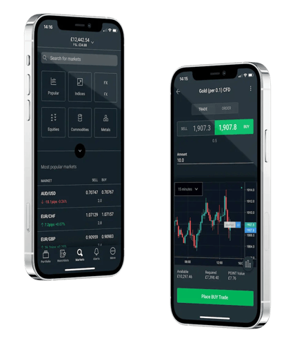 FOREX.com mobile app two mobile screens Markets and Gold CFD (£)