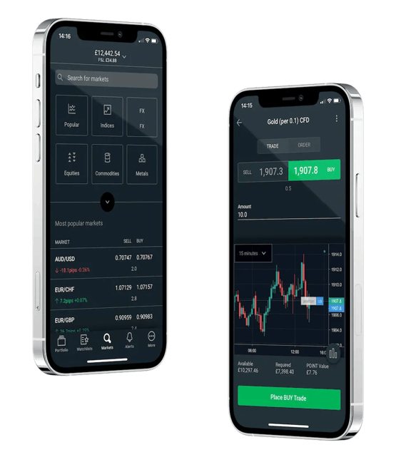 FOREX.com mobile app two mobile screens Markets and Gold CFD (£)