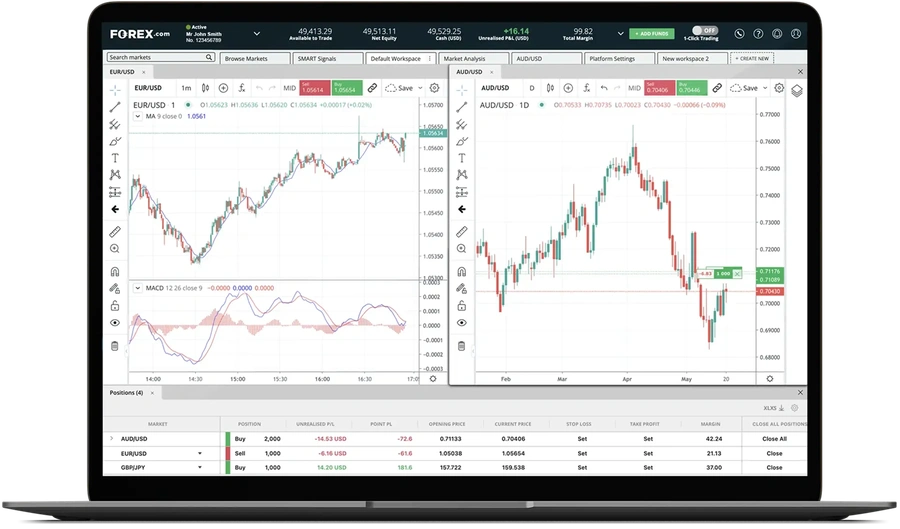 Laptop screen displaying a forex trading platform with EUR/USD and AUD/USD charts, technical indicators, and open position details.