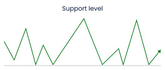 Diagram illustrating a support level in technical analysis, showing price movements bouncing off a horizontal line where sellers fail to push prices lower and buyers take control.