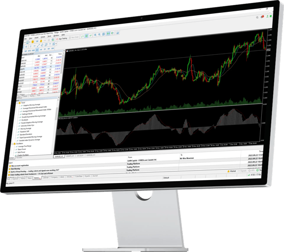 Desktop monitor displaying MT5 trading platform with candlestick chart, technical indicators, and currency pair quotes on a dark interface.