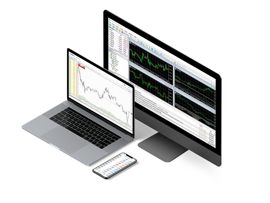 Desktop monitor laptop and smartphone displaying financial charts and trading platforms for market analysis.