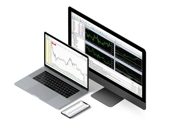 Desktop monitor laptop and smartphone displaying financial charts and trading platforms for market analysis.