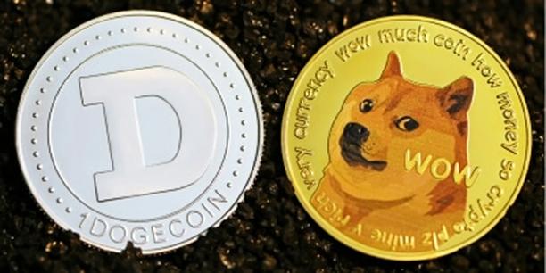 Close-up of two Dogecoin cryptocurrency coins one silver and one gold placed on a dark surface