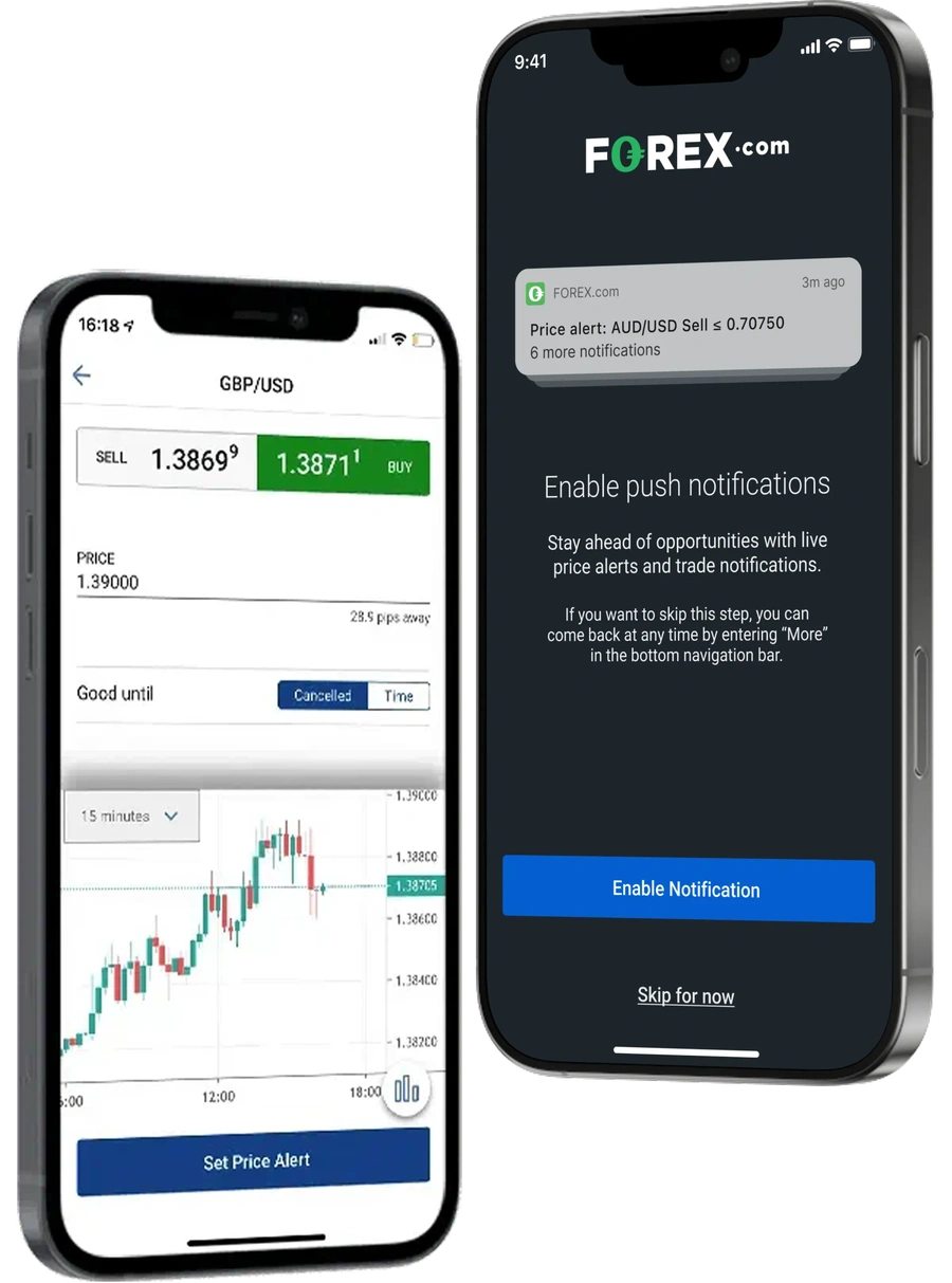 Two mobile screens GBP/USD and Enable push notifications